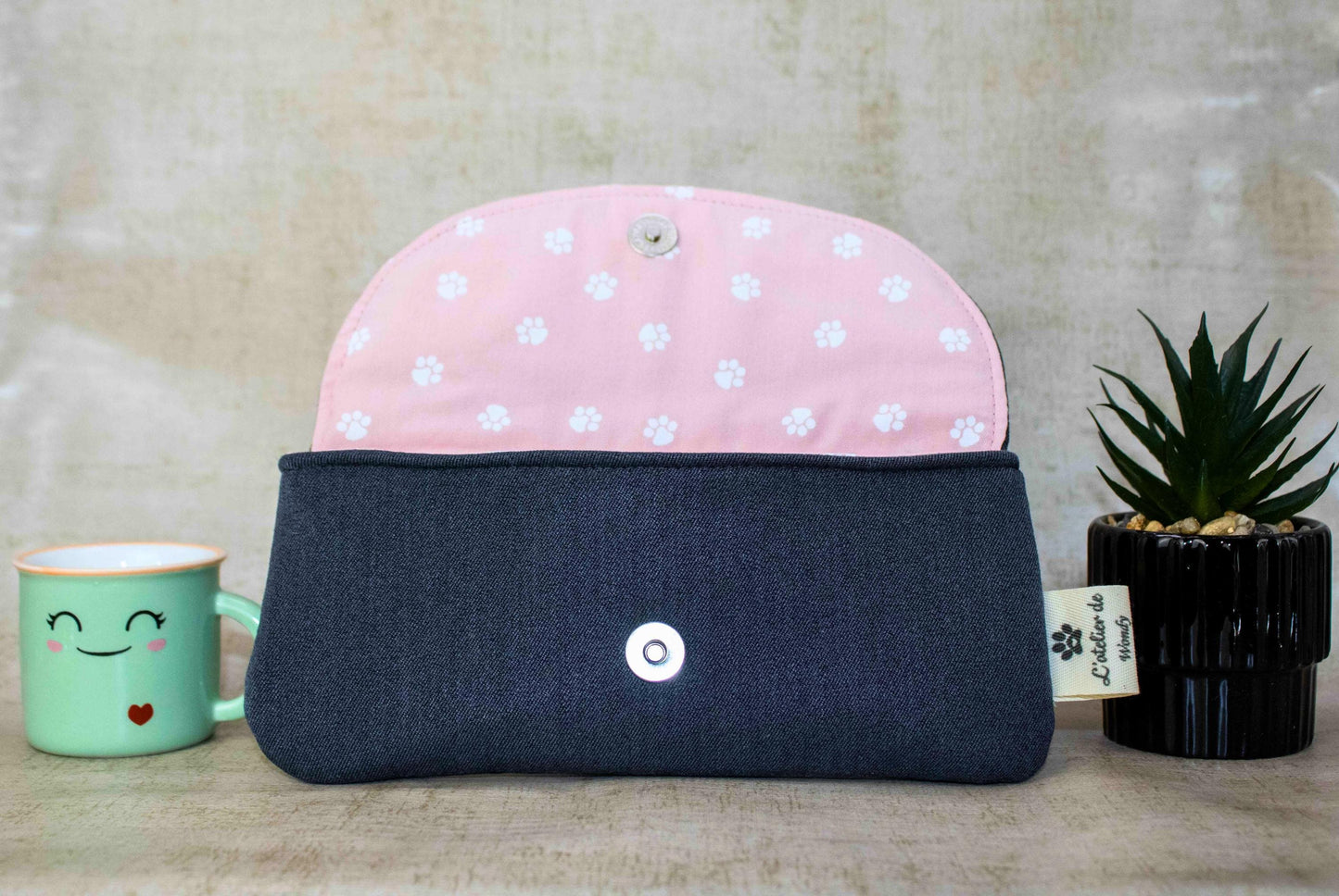 Etui à lunettes chat kawaii en tissu- Fait main avec fermeture magnétique
