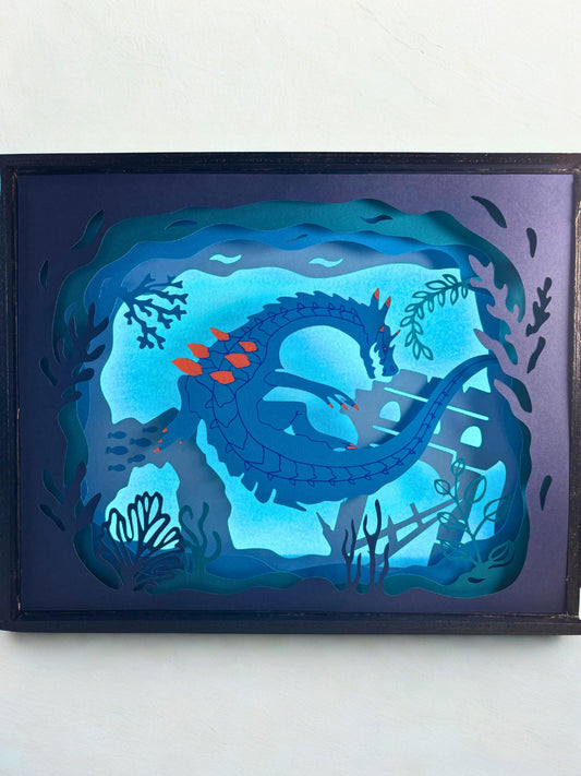 Diorama lumineux artisanal Lagiacrus - Décoration geek Monster Hunter